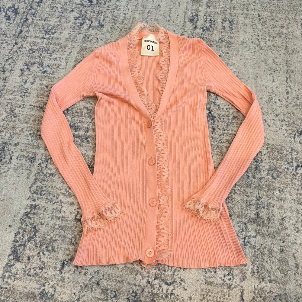 SEMICOUTURE 01 Peach Pink Ribbed Lace Trim Button Front‎ Cardigan Sweater Size M